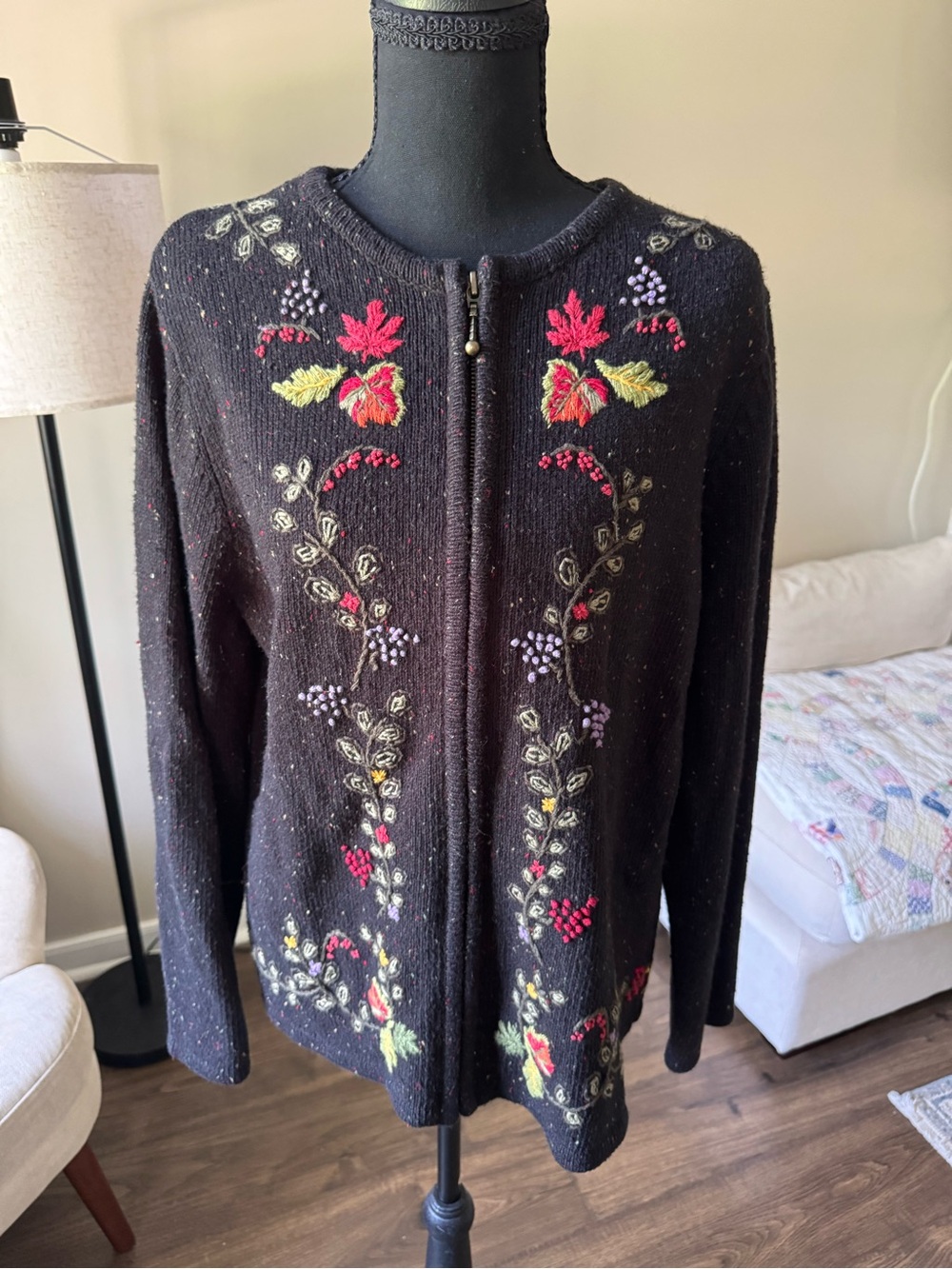 croft & barrow Black Embroidered Floral Zip Cardigan